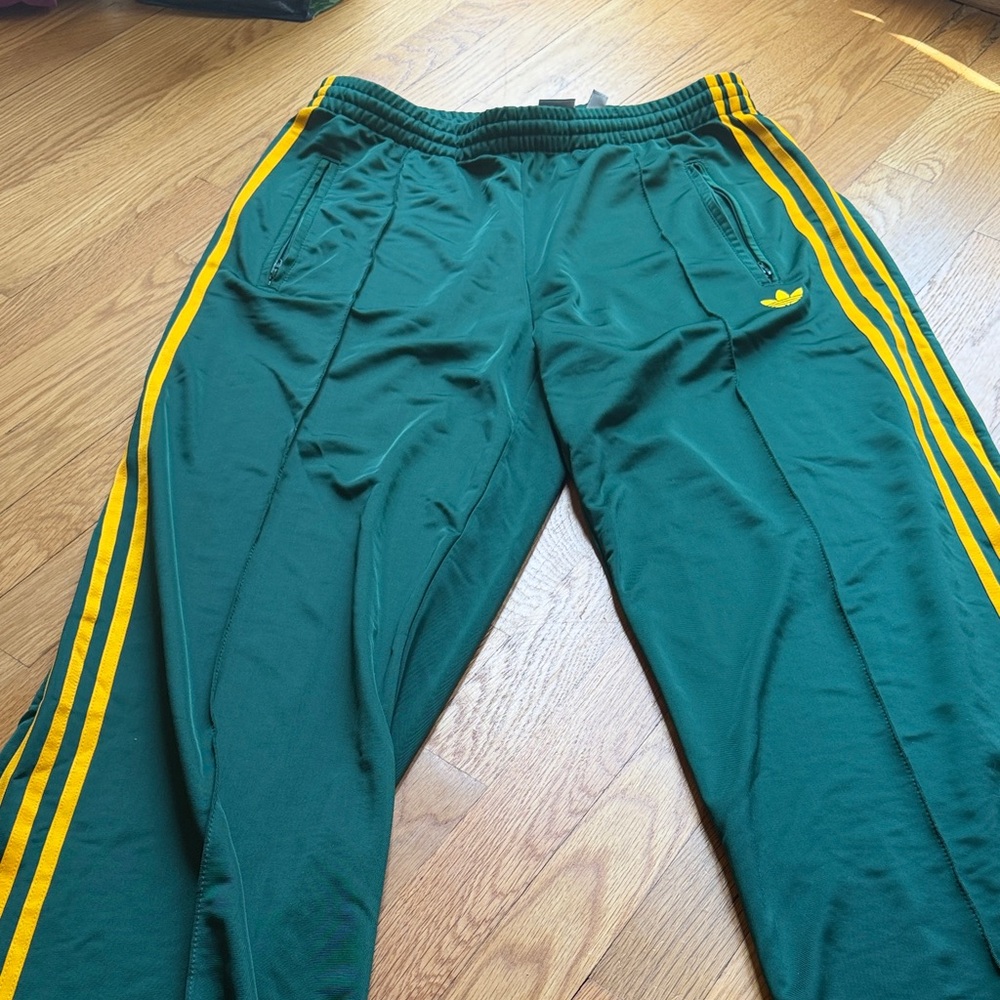 adidas Green Track Pants with Yellow Side Stripes - Picture 2 of 8